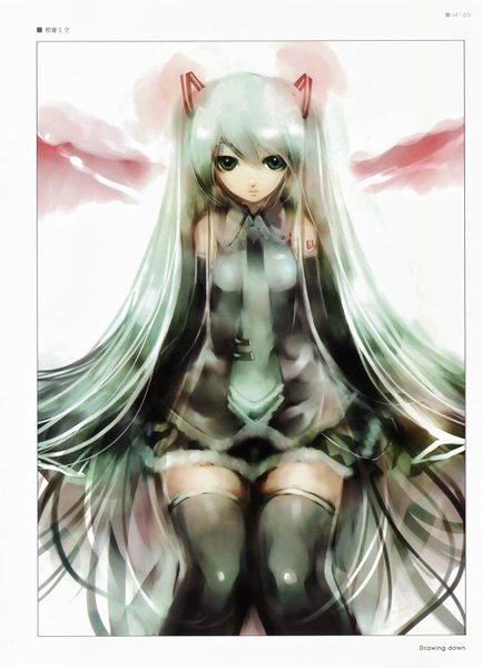 Anime picture 1084x1502 with vocaloid hatsune miku single long hair tall image sitting twintails bare shoulders aqua eyes scan aqua hair girl thighhighs skirt black thighhighs detached sleeves miniskirt necktie
