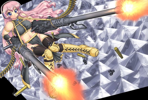 Anime picture 1100x751 with vocaloid megurine luka hase yu long hair blue eyes pink hair girl navel weapon boots hairband gun