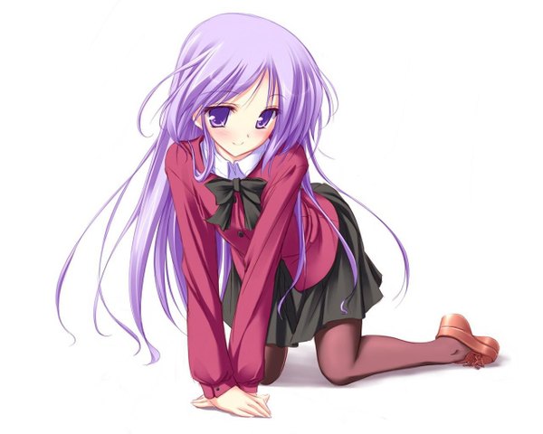 Anime picture 1280x1024 with happiness watarase jun single long hair looking at viewer blush smile white background purple eyes purple hair kneeling otoko no ko boy