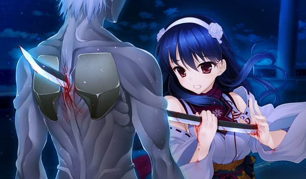 Anime picture 1700x1000 with shoujo shin'iki okushiro yuki hayakawa harui long hair black hair red eyes wide image game cg night girl detached sleeves hairband blood monster