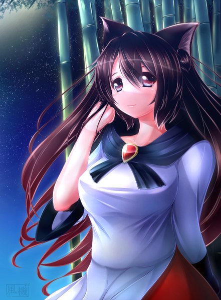 Anime-Bild 1115x1518 mit touhou imaizumi kagerou single long hair tall image looking at viewer black hair red eyes animal ears night girl dress plant (plants) bamboo