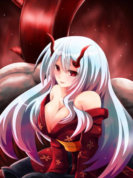 Anime picture 975x1300 with original saboten teishoku single long hair tall image blush breasts light erotic red eyes large breasts bare shoulders cleavage white hair traditional clothes japanese clothes horn (horns) oni horns monster girl girl kimono