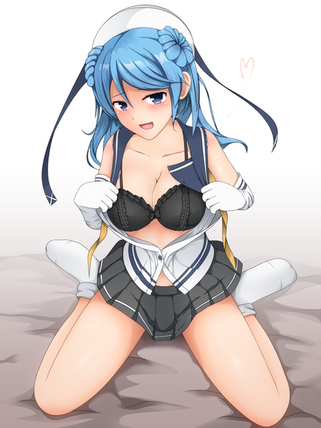Anime picture 960x1280 with kantai collection urakaze destroyer alphe single long hair tall image looking at viewer blush breasts open mouth blue eyes light erotic blue hair pleated skirt open shirt girl skirt gloves miniskirt shirt