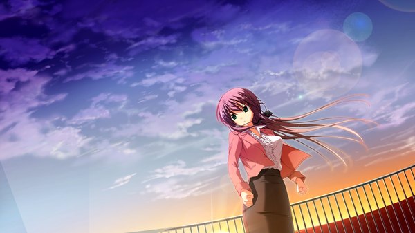 Anime picture 3200x1800 with soushinjutsu rei (game) rei (character) single long hair highres wide image green eyes absurdres sky purple hair cloud (clouds) evening sunset girl