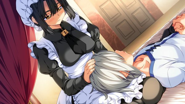 Anime picture 1024x576 with taiyou no promia kodama (taiyou no promia) giselle geraldine short hair black hair wide image sitting yellow eyes game cg lying grey hair maid hand on head lap pillow girl boy necktie curtains apron lock