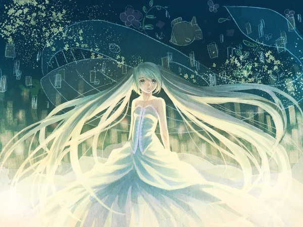 Anime picture 1000x750 with vocaloid hatsune miku kotani (artist) single twintails bare shoulders green eyes looking away very long hair green hair hands behind back girl dress flower (flowers) fish (fishes)