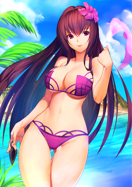 Anime picture 1503x2128 with fate (series) fate/grand order scathach (fate) (all) scathach (swimsuit assassin) (fate) akisa (12023648) single long hair tall image looking at viewer breasts light erotic purple eyes purple hair hair flower ass visible through thighs girl navel hair ornament flower (flowers) swimsuit
