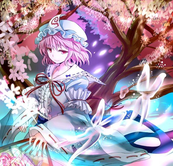 Anime picture 2000x1923 with touhou saigyouji yuyuko givuchoko highres short hair red eyes pink hair cherry blossoms girl ribbon (ribbons) plant (plants) tree (trees) headdress insect butterfly branch fan