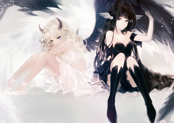 Anime picture 1000x707 with original lpip long hair blue eyes black hair bare shoulders multiple girls brown eyes full body white hair horn (horns) wavy hair head wings girl dress 2 girls wings boots