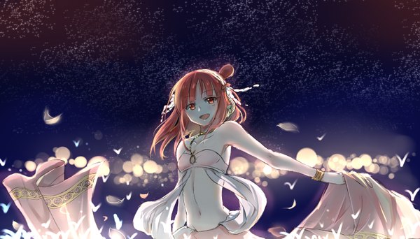 Anime picture 1400x800 with magi the labyrinth of magic a-1 pictures morgiana huahua single long hair looking at viewer open mouth light erotic smile red eyes wide image bare shoulders red hair midriff orange eyes sleeveless happy dark background girl