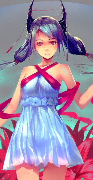 Anime picture 1529x2951 with original mou kankan (tims1111) single long hair tall image looking at viewer red eyes twintails bare shoulders blue hair horn (horns) girl dress flower (flowers) sundress