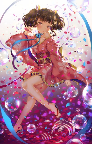 Anime picture 1000x1572 with koutetsujou no kabaneri wit studio mumei (kabaneri) dangmill single tall image looking at viewer blush short hair open mouth light erotic red eyes brown hair standing twintails full body bent knee (knees) long sleeves traditional clothes head tilt