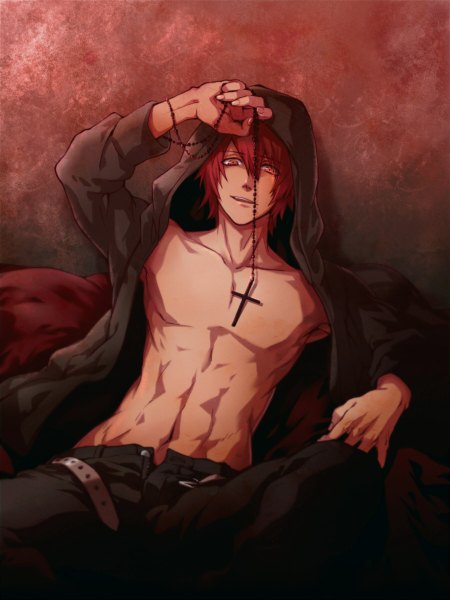 Anime picture 900x1200 with uta no prince-sama a-1 pictures ittoki otoya tosetsuna tall image looking at viewer short hair open mouth red eyes sitting red hair open clothes open jacket muscle open pants no nipples boy navel jacket belt