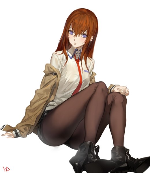 Anime picture 2254x2600 with steins;gate white fox makise kurisu yd (orange maru) single long hair tall image looking at viewer blush fringe highres simple background hair between eyes brown hair white background sitting purple eyes signed full body arm support