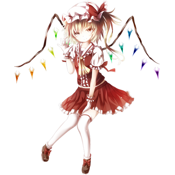 Anime picture 1400x1400 with touhou flandre scarlet umagenzin short hair blonde hair brown eyes loli one side up transparent background girl thighhighs dress skirt white thighhighs wings bonnet skirt set