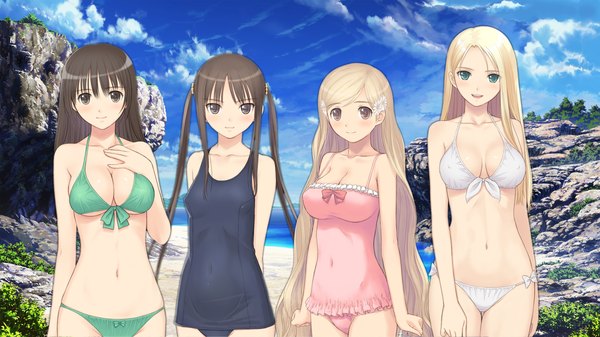 Anime picture 1440x810 with fault!! saeki ai sugiyama mio date wingfield reiko hayama rika tony taka long hair blush breasts light erotic black hair blonde hair wide image twintails multiple girls green eyes black eyes girl navel swimsuit