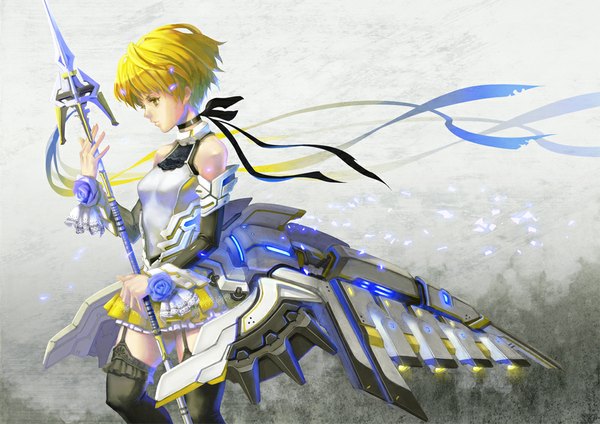 Anime picture 1000x707 with original aro (charged time out) single short hair blonde hair yellow eyes girl thighhighs dress weapon black thighhighs detached sleeves spear