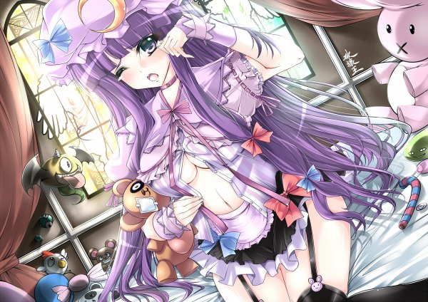 Anime picture 1200x848 with touhou patchouli knowledge bxssp754 long hair blush open mouth light erotic purple eyes purple hair one eye closed wink crescent girl thighhighs dress navel bow black thighhighs hair bow toy