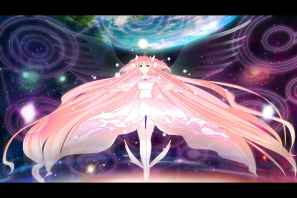 Anime picture 1920x1280 with mahou shoujo madoka magica shaft (studio) kaname madoka goddess madoka minazuki randoseru single highres green eyes pink hair very long hair two side up letterboxed spread arms spoilers girl dress gloves star (stars) planet earth