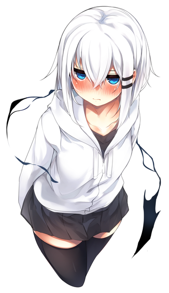Anime picture 800x1382 with original ringo-chan (otokuyou) otokuyou single long hair tall image looking at viewer blush fringe blue eyes simple background hair between eyes white background white hair pleated skirt embarrassed zettai ryouiki hands behind back girl thighhighs