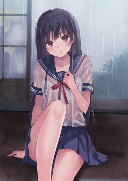 Anime picture 723x1020 with fukahire (ruinon) single long hair tall image looking at viewer blush black hair sitting brown eyes bent knee (knees) rain wet clothes girl skirt uniform miniskirt serafuku