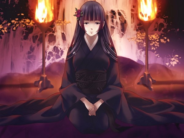Anime picture 1024x768 with ayame - ningyou ingi (game) long hair black hair game cg japanese clothes black eyes girl kimono