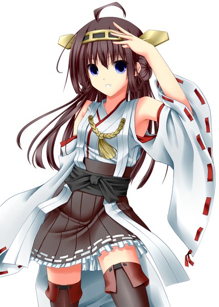 Anime picture 714x1000 with kantai collection kongou battleship shouyan single long hair tall image looking at viewer blue eyes simple background brown hair white background nontraditional miko girl hair ornament detached sleeves thigh boots