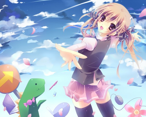 Anime picture 1000x800 with original amanatsu yuzuka long hair looking at viewer blush open mouth brown hair twintails brown eyes sky cloud (clouds) girl thighhighs skirt uniform flower (flowers) bow black thighhighs hair bow school uniform