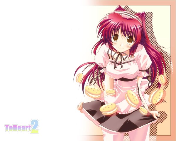 Anime picture 1280x1024 with to heart 2 leaf (studio) kousaka tamaki single long hair blush smile white background brown eyes red hair shadow wallpaper copyright name looking up girl cookie (cookies)