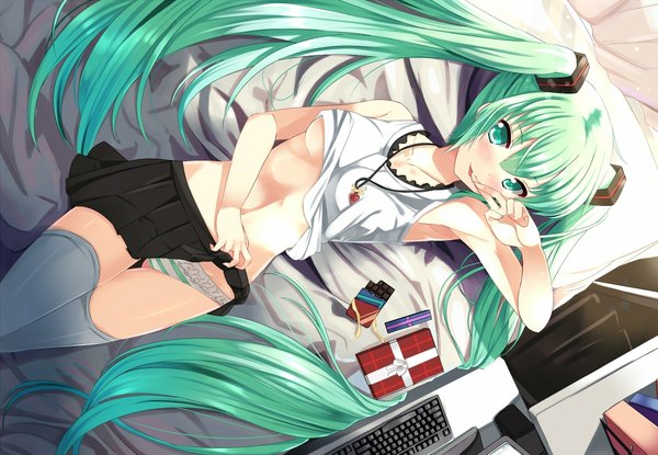 Anime picture 1920x1330 with vocaloid hatsune miku xephonia looking at viewer blush fringe highres breasts open mouth light erotic twintails lying very long hair aqua eyes light smile aqua hair finger to mouth girl thighhighs skirt