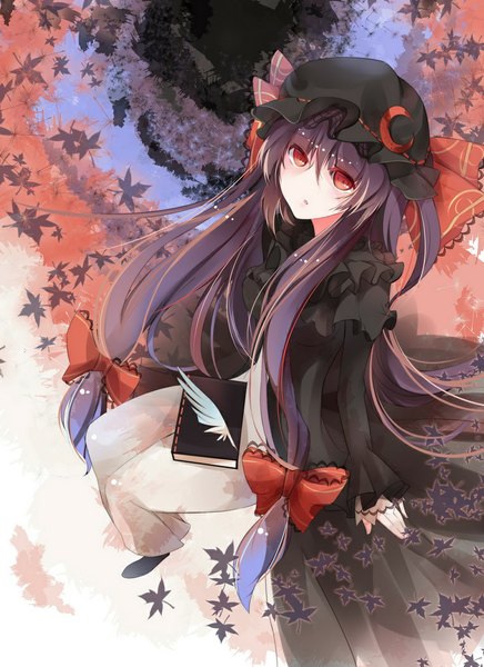 Anime picture 765x1052 with touhou patchouli knowledge rain lan single long hair tall image blush open mouth red eyes sitting purple hair looking up alternate color girl bow hair bow book (books) feather (feathers) bonnet