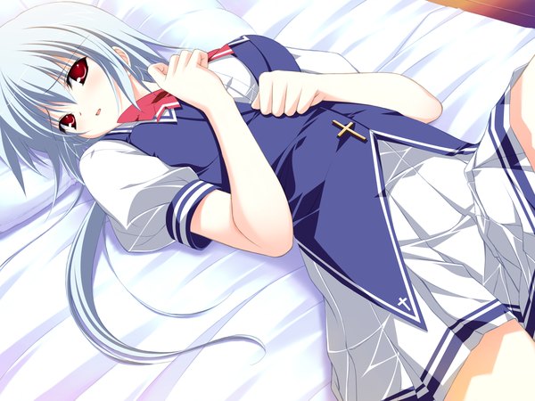 Anime picture 1600x1200 with lyrical lyric kuu (lyrical lyric) mikeou single long hair looking at viewer blush open mouth red eyes blue hair game cg lying girl uniform school uniform bed cross