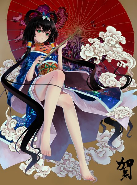 Anime picture 1600x2160 with vocaloid vocaloid china luo tianyi okingjo single long hair tall image black hair twintails green eyes very long hair traditional clothes japanese clothes barefoot legs girl hair ornament kimono umbrella obi