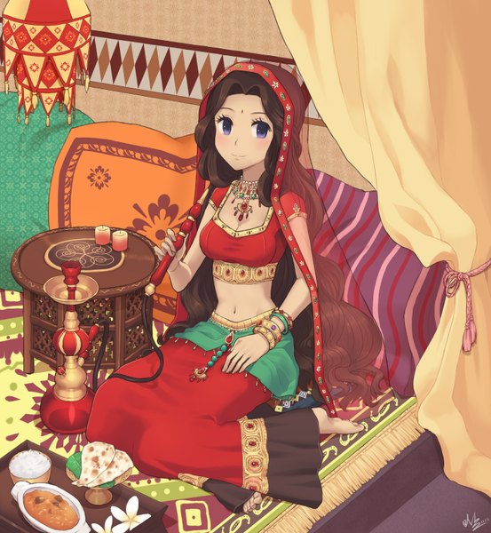 Anime picture 1425x1544 with original minari single long hair tall image looking at viewer black hair purple eyes traditional clothes light smile midriff girl skirt navel food bracelet pillow jewelry