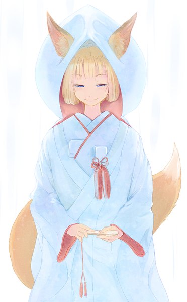 Anime picture 588x946 with original batta (kanzume quality) single tall image fringe short hair blue eyes simple background blonde hair smile white background holding animal ears looking away tail long sleeves traditional clothes japanese clothes animal tail wide sleeves