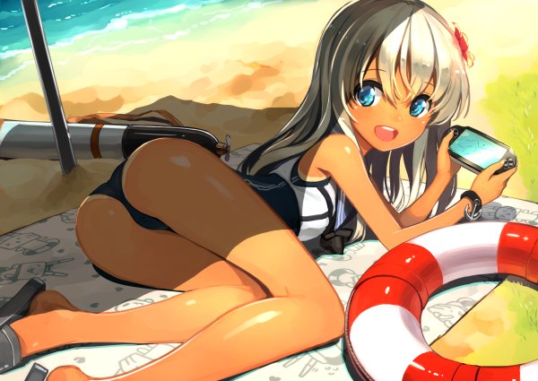 Anime picture 1200x850 with kantai collection ro-500 submarine moriki single long hair fringe open mouth blue eyes light erotic smile holding looking away bent knee (knees) ass lying looking back hair flower sunlight shadow alternate costume