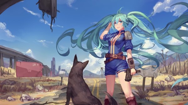 Anime picture 1916x1080 with fallout 4 vocaloid hatsune miku atdan single looking at viewer blush highres wide image twintails sky cloud (clouds) very long hair aqua hair girl weapon animal belt gun dog