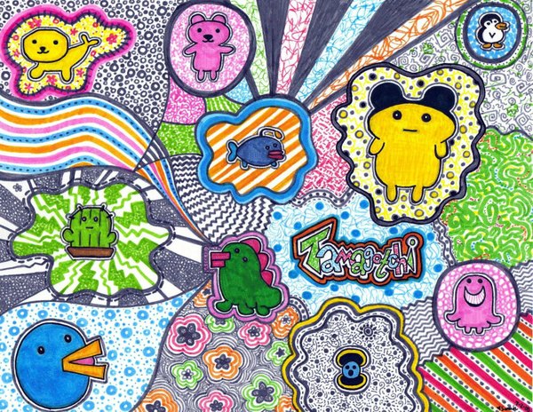 Anime picture 1643x1271 with tamagotchi mametchi sarie23 abstract flower (flowers) wave (waves) penguin bear octopus cactus seal