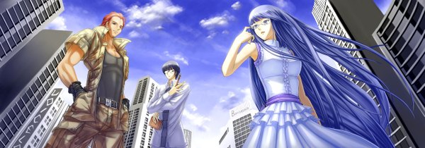 Anime picture 2570x900 with original r.p.s long hair highres short hair blue eyes black hair wide image brown eyes blue hair sky cloud (clouds) red hair city hands in pockets girl dress boy glasses building (buildings)