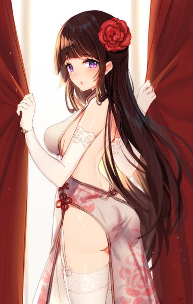 Anime picture 800x1257 with original bison cangshu single long hair tall image looking at viewer fringe open mouth light erotic brown hair standing purple eyes ass traditional clothes looking back hair flower :o shiny skin chinese clothes side slit