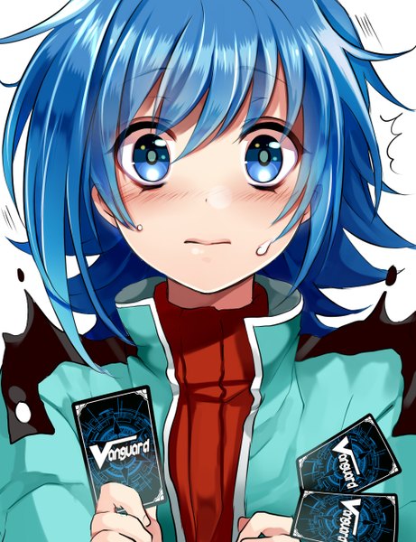 Anime picture 1000x1300 with cardfight!! vanguard sendo aichi kurabayashi single tall image looking at viewer blush short hair blue eyes simple background white background blue hair boy card (cards)