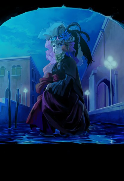 Anime picture 1378x2005 with yukihiko single tall image blue eyes blonde hair sky cloud (clouds) night girl dress hair ornament hat water building (buildings) mask