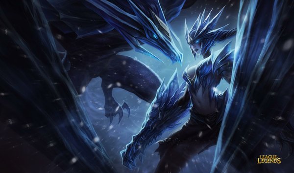 Anime picture 1902x1124 with league of legends shyvana (league of legends) katiedesousa highres breasts blue eyes wide image copyright name lipstick glowing snowing snow glowing eye (eyes) fantasy girl navel armor