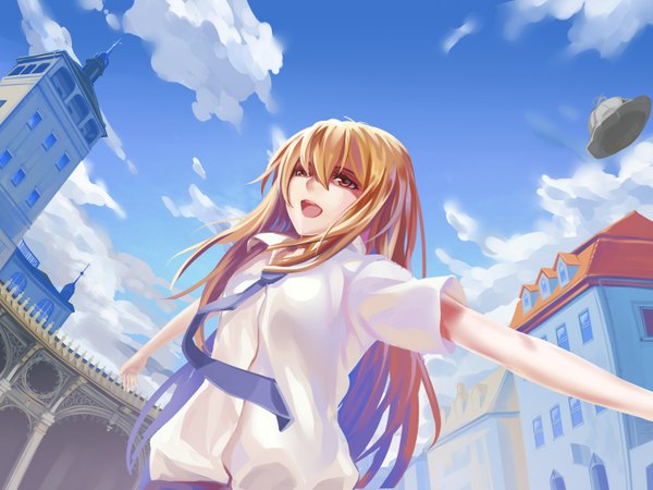 Anime picture 2986x2240 with jormungand white fox chinatsu (jormungand) xiamianliele (artist) single long hair highres open mouth blonde hair red eyes sky cloud (clouds) wind city spread arms girl hat necktie building (buildings)
