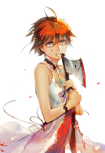 Anime picture 700x1015 with original zis (artist) single tall image looking at viewer short hair breasts open mouth simple background white background bare shoulders ahoge orange hair hand on chest silver eyes girl dress weapon choker bracelet