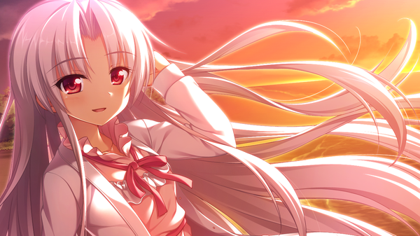 Anime picture 1280x720 with dekinai watashi ga, kurikaesu. akabei soft3 furukawa ren akizora momiji single long hair looking at viewer blush open mouth red eyes wide image game cg white hair evening sunset girl dress sea