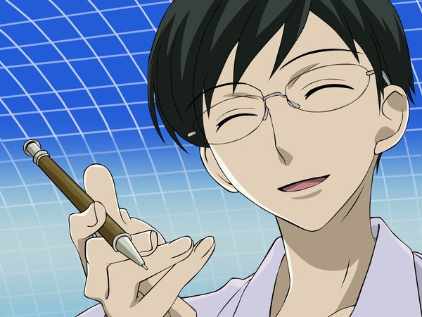 Anime picture 1600x1200 with ouran high school host club studio bones ootori kyouya single fringe short hair open mouth black hair smile holding eyes closed fingernails vector boy glasses pen