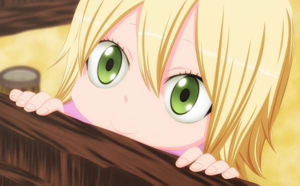 Anime picture 2000x1242 with fairy tail mavis vermillion osama00 single highres short hair blonde hair smile wide image green eyes loli coloring close-up face girl
