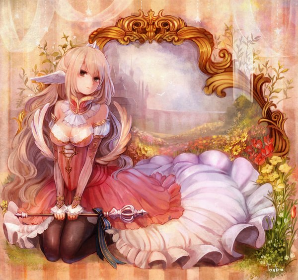 Anime picture 1500x1408 with original aka tonbo (lovetow) single long hair looking at viewer breasts blonde hair sitting brown eyes signed cleavage head wings different reflection girl dress flower (flowers) ribbon (ribbons) plant (plants) detached sleeves pantyhose