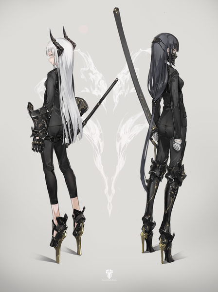 Anime picture 972x1300 with original yucca-612 (neco) long hair tall image fringe black hair multiple girls holding looking away silver hair full body very long hair profile horn (horns) from behind grey eyes high heels low ponytail sheathed girl